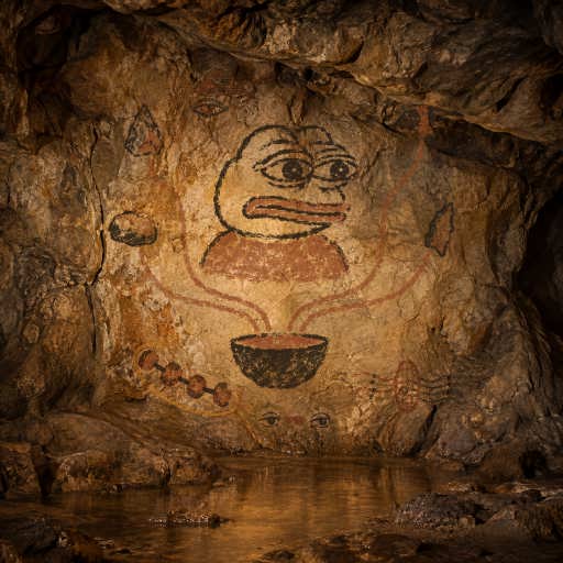 A small ochre Pepe returns to look again before both witnesses trust the payment.