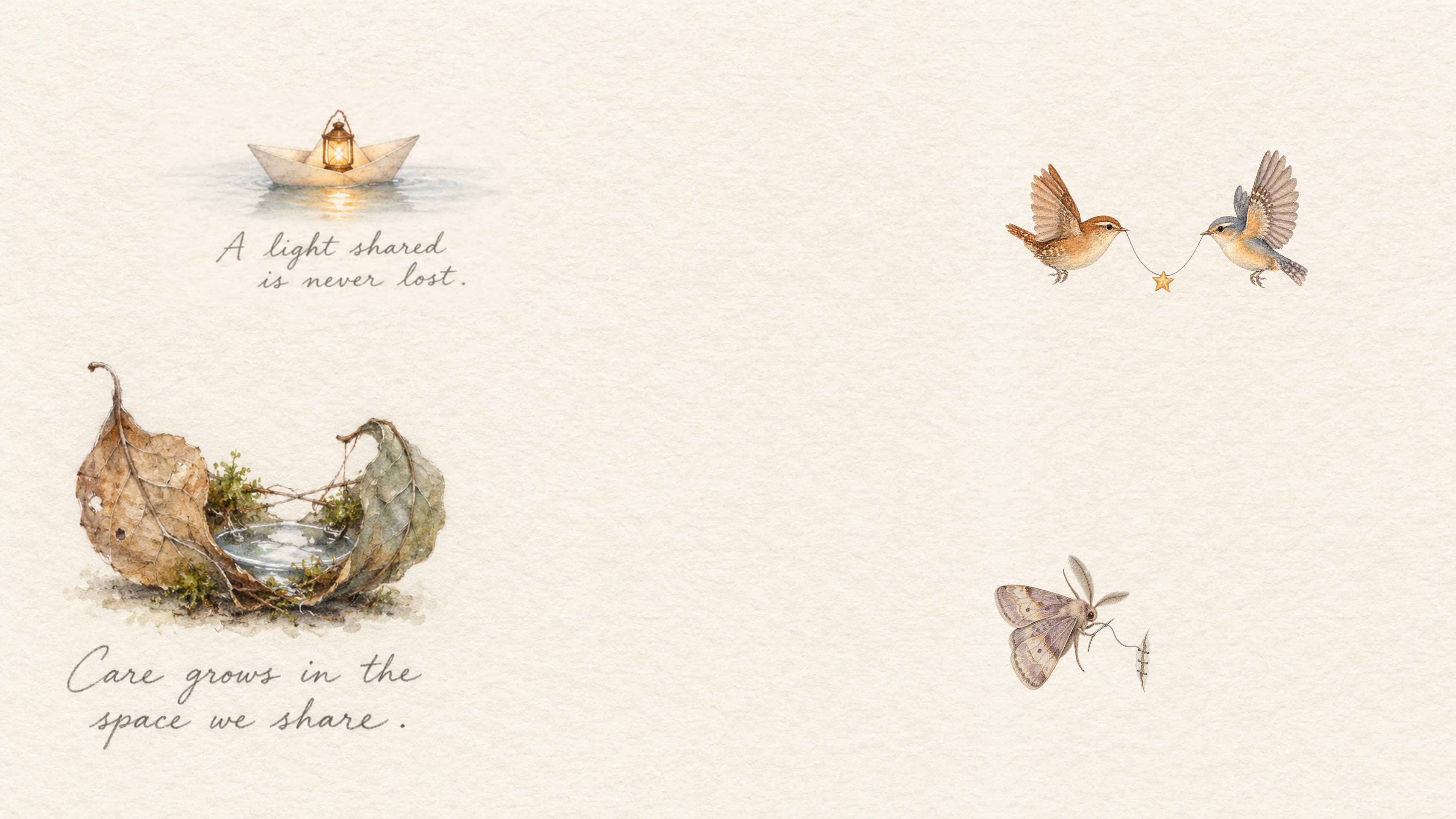 DAEMON collaborative canvas with a paper boat and lantern at upper left, birds holding a star at upper right, a moth at lower right, and leaves holding water at lower left.