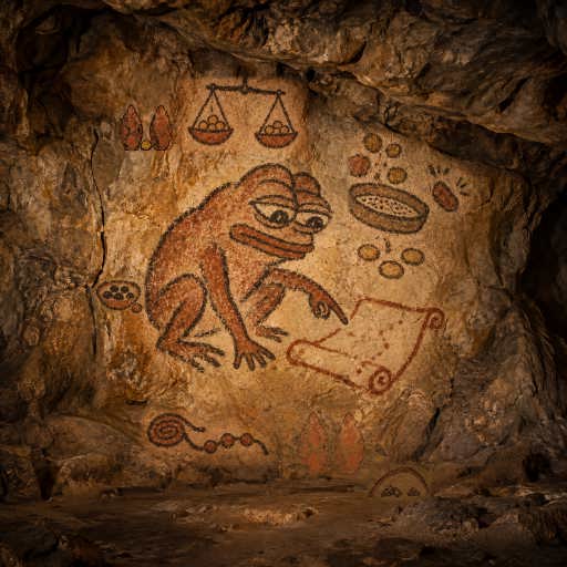 Pepe shelters two heaps of provision beneath an ochre arch.